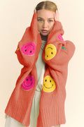 Davi & Dani Women Cardigan Fuzzy Smile Patch Rust Open Long Sleeve Sweater Rust e2c913cd-8807-4771-82da-3c54995daeb6-Max Trendsi
