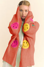 Davi & Dani Women Cardigan Fuzzy Smile Patch Rust Open Long Sleeve Sweater Rust e2c913cd-8807-4771-82da-3c54995daeb6-Max Trendsi