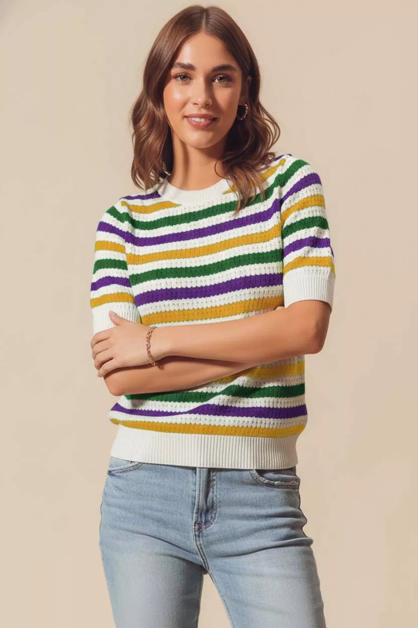 SO ME Mardi Gras Crew Neck Stripe Breathable Sweater e2cb94cb-5d06-43ee-baa7-9312d0ea9691-Max-Origin Trendsi