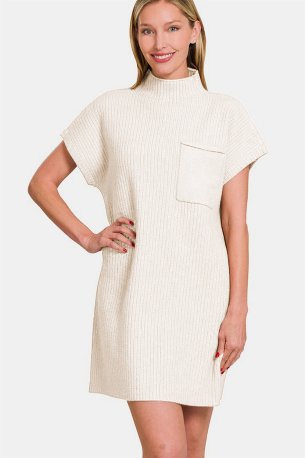 Zenana Sweater Mini Dress Short Sleeve Ivory Knit Front Pocketed High Neck Ivory e2cc5797-c158-47bc-a70b-0cffdc80ad0a-Max Trendsi