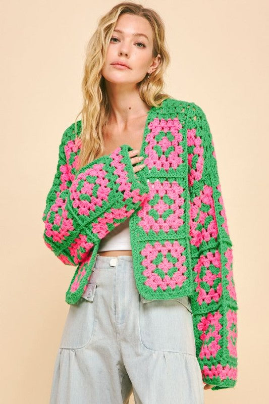 Davi & Dani USA Cardigan Floral Two-Tone Pink Green Flower Square Crochet Knit