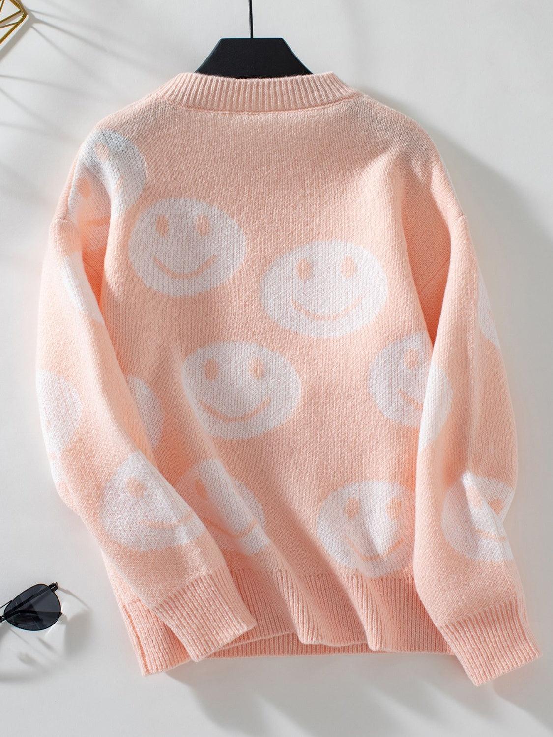 Sweater Smile Pattern Round Neck Long Sleeve Knitwear e2d668e0-a7c3-4210-95e9-84662179acf5-Max Trendsi