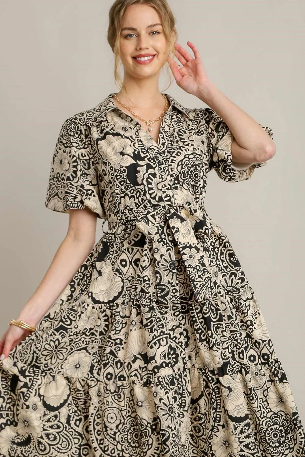 Umgee Midi Dress Floral Ruffle Black Mixed Print A-Line Tiered Short Sleeve
