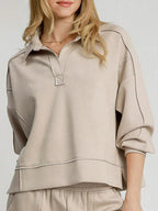 Umgee Polo T-shirt Exposed Seam Long Sleeve Snad Color Top with Side Slit e2deac83-084e-4218-9f52-736e9811d3cb-Max-Origin Trendsi