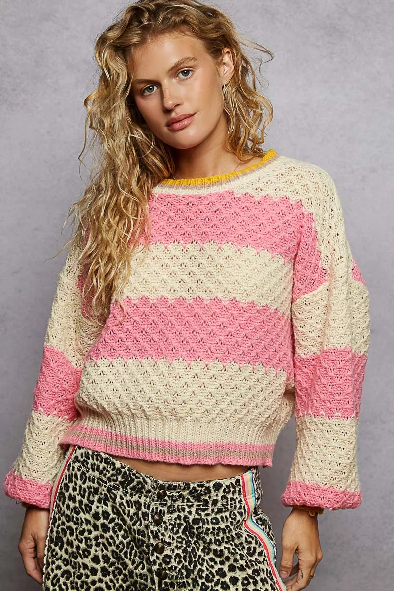 POL Women's Sweater Pink Contrast Striped Round Neck with Textured Cable Knit e2e3b99a-fb1b-4891-adb4-536f8f752eff-Max-Origin Trendsi