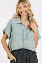 Mittoshop Shirt Mineral Washed Flounce Short Sleeve Button Down Cotton Top e2e5359a-26d0-4e2a-9d96-c4e37b80ac54-Min Trendsi