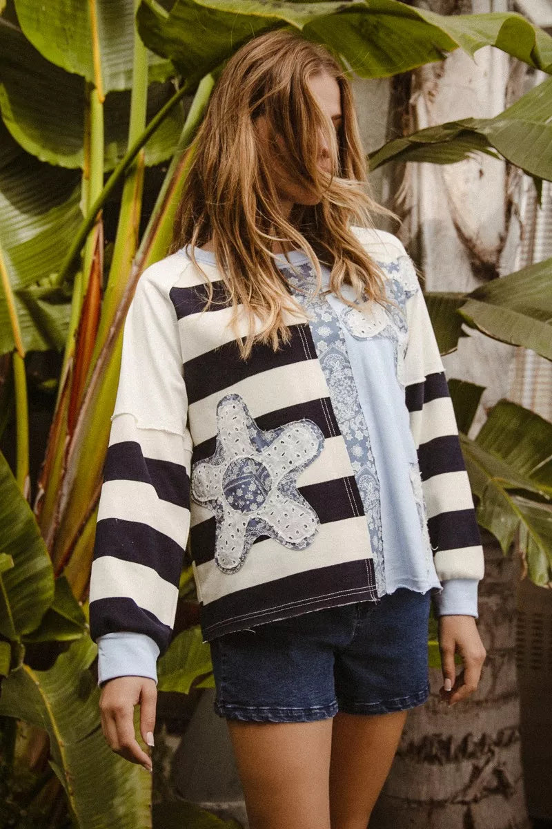 BiBi Sweatshirt Flower Patchwork Striped Round Neck Long Sleeve Top e2e93c7b6951422d8b15873bd7a2c535-Max-Origin Trendsi