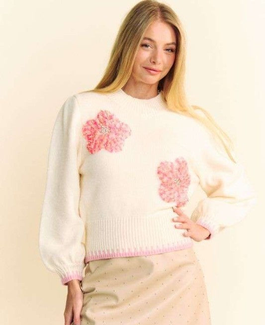 Women Sweater Davi & Dani Flower Patch Fuzzy Mock Neck Ivory Knitwear