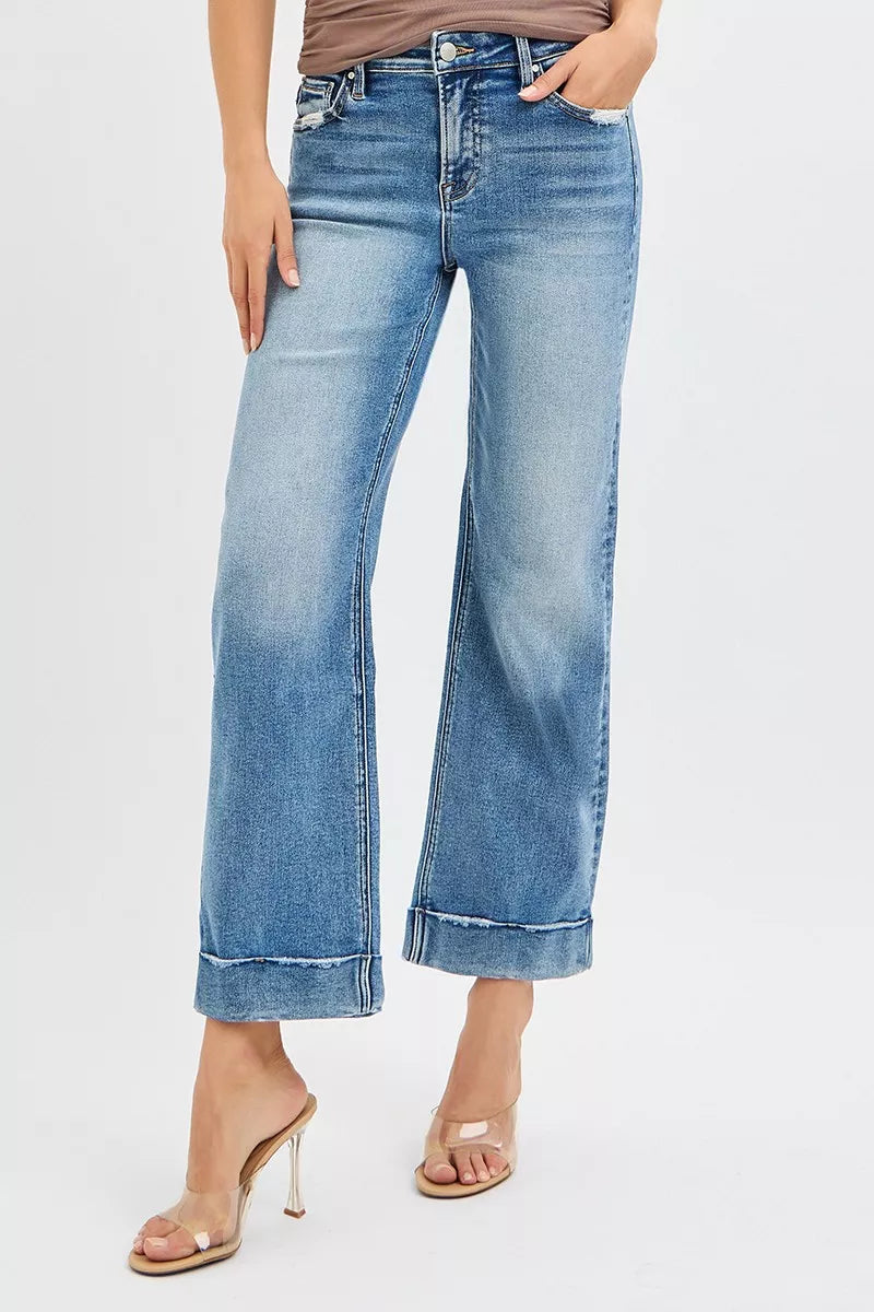 RISEN Womens Jeans Crop Mid Rise Straight with Taylor Cuffed Plus Sizes
