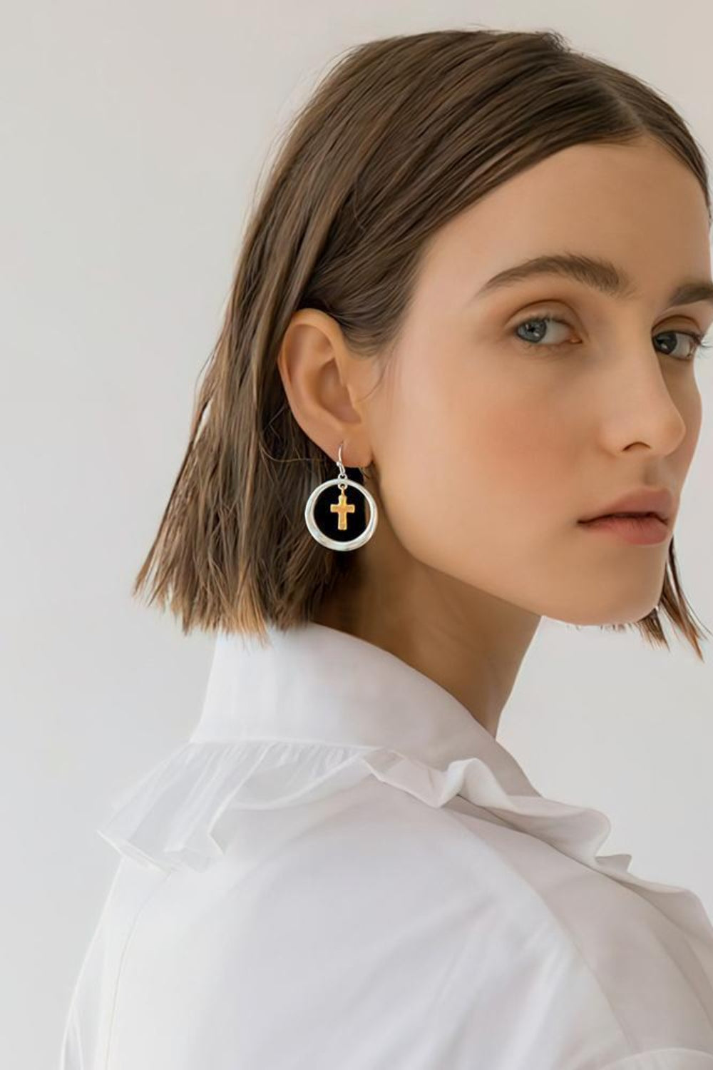 Cross Dangle Earrings Silver Brass Contrast Gold-plated Round Women Jewelry