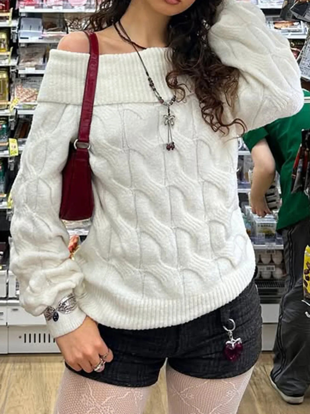 Women's Sweater Off-Shoulder Cable Knit Long Sleeve Pullover e2f2088721874ce0b64e92dca775f171-Max-Origin Trendsi