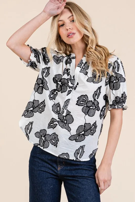 Lime 'N' Chili Blouse Floral Black Ivory Embroidered Split Neck Puff Sleeve e2f213121840434188c80bd4c4f43a15-Max-Origin Trendsi