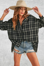 Aemi + Co Polo Shirt Side Slit High-Low Plaid Long Sleeve Black Top Black e2f55062-97ad-4cd8-87e4-2caf51cf945a-Max Trendsi