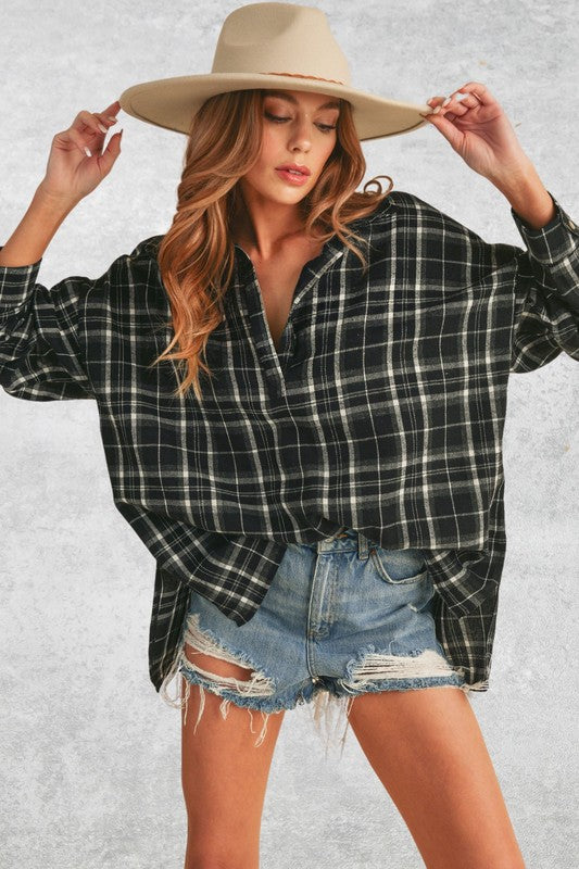 Aemi + Co Polo Shirt Side Slit High-Low Plaid Long Sleeve Black Top Black e2f55062-97ad-4cd8-87e4-2caf51cf945a-Max Trendsi