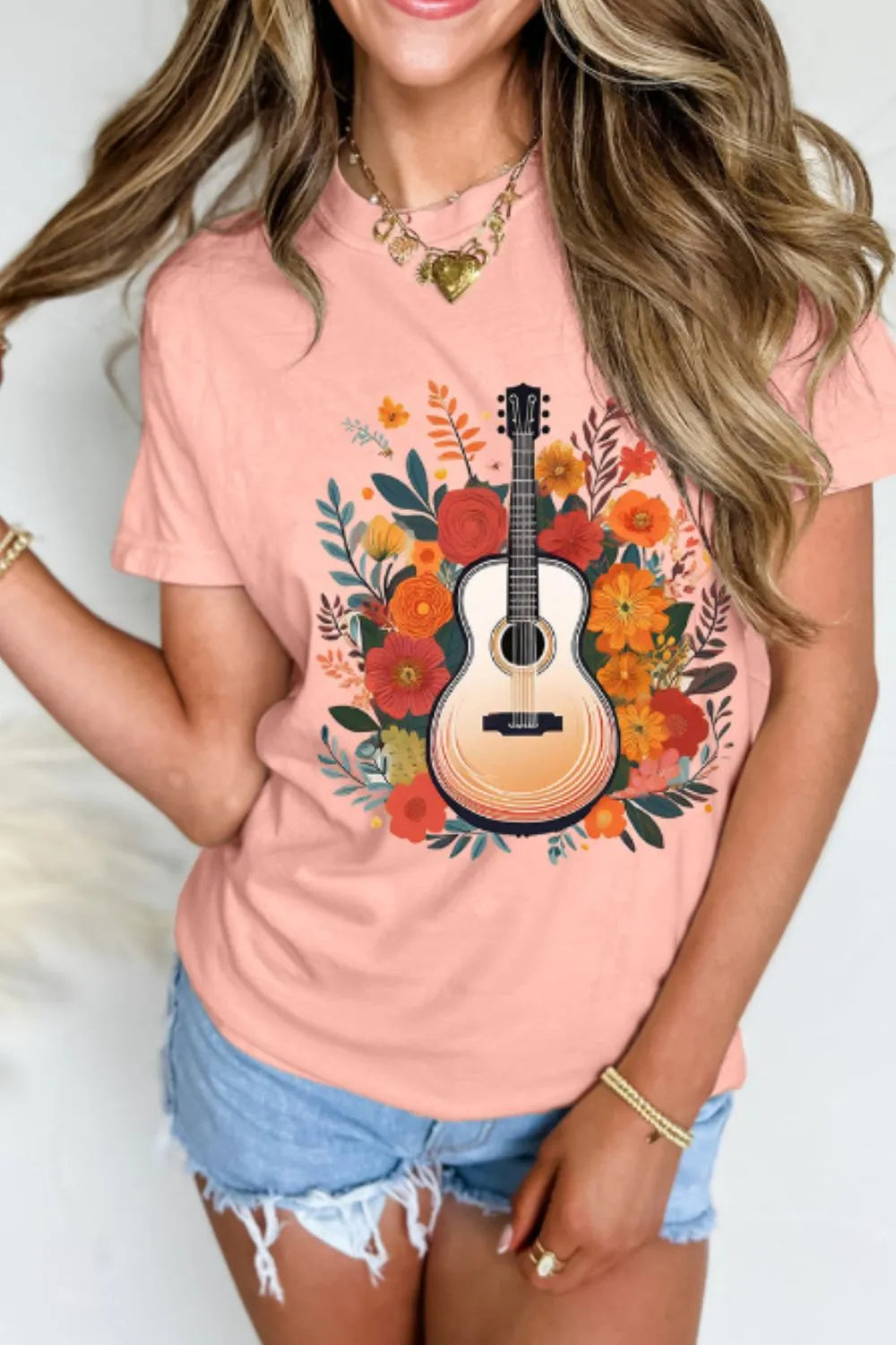 Women's T Shirt Guitar Flower Print Crew Neck Loose Short Sleeve Tees Watermelon pink e2f66574-eca1-4704-8dd2-8e4083dc2c5f-Max-Origin Trendsi