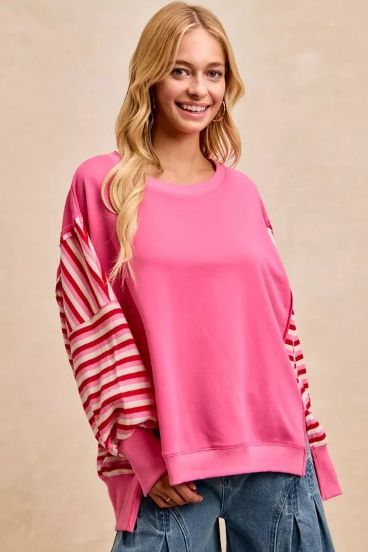 BiBi Women Sweatshirt Pink French Terry Red Stripe Combo with Open Seam Top PINK RED e2f82d5149ee4443a3f68ae9691d1d10-Max-Origin Trendsi