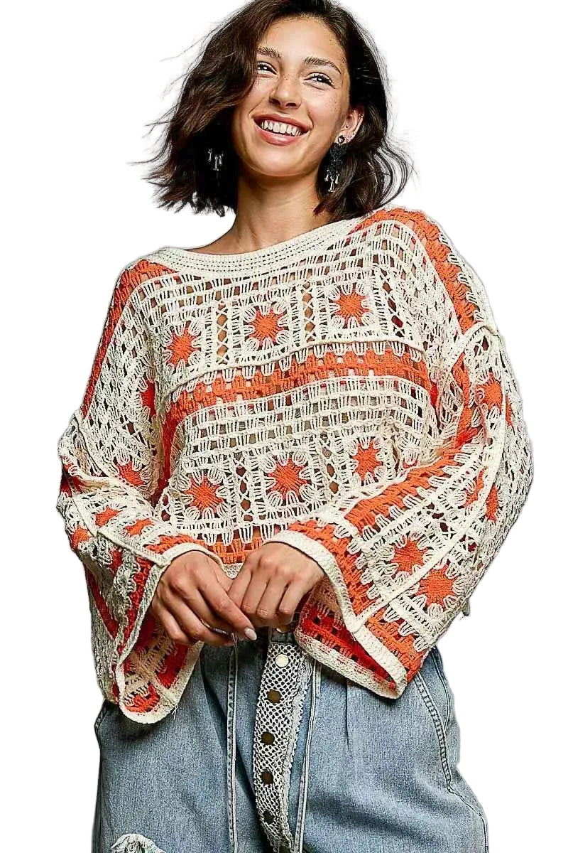 POL Crochet Top Ivory Orange Long Sleeve with Granny Square Weaving IVORY ORANGE One Size e3030626-f7c1-4008-844f-f9b4b13d7877-Max-Origin Trendsi