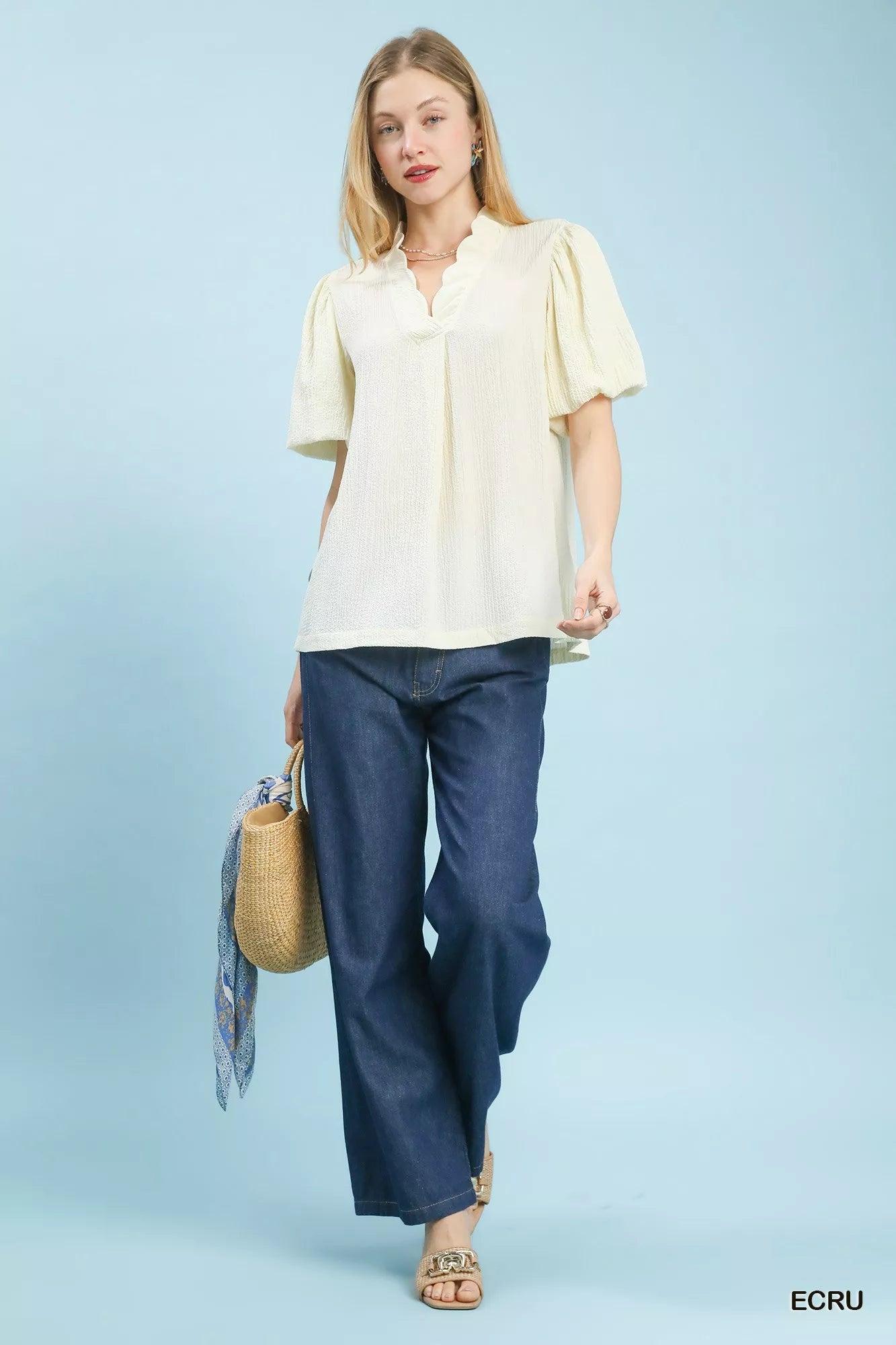 Umgee Blouse Ecru Seersucker Puff Sleeve Short Sleeve Top e304e370-b1f9-48ce-a8e0-9abd60c842bc-Max-Origin Trendsi