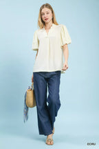 Umgee Blouse Ecru Seersucker Puff Sleeve Short Sleeve Top e304e370-b1f9-48ce-a8e0-9abd60c842bc-Max-Origin Trendsi