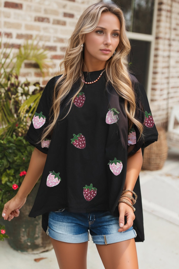 Black T-Shirt Sequin Strawberry High Low Half Sleeve Relaxed Fit Top e306fa87-8e8a-4f79-9dea-b9f54433385b-Max Trendsi