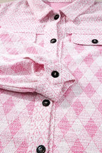 Women's Shacket Pink Geometric Print Textured Flap Pockets Long Sleeve Outwear e31561ec-36a6-4229-8646-589c35a6cffb-Min Trendsi