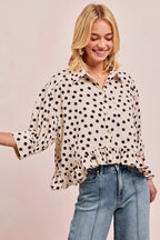 BiBi Womens Blouse Off White Black Polka Dot Peplum Top with Front Button e31a54267fd3444e9812860272fcdd56-Max-Origin Trendsi