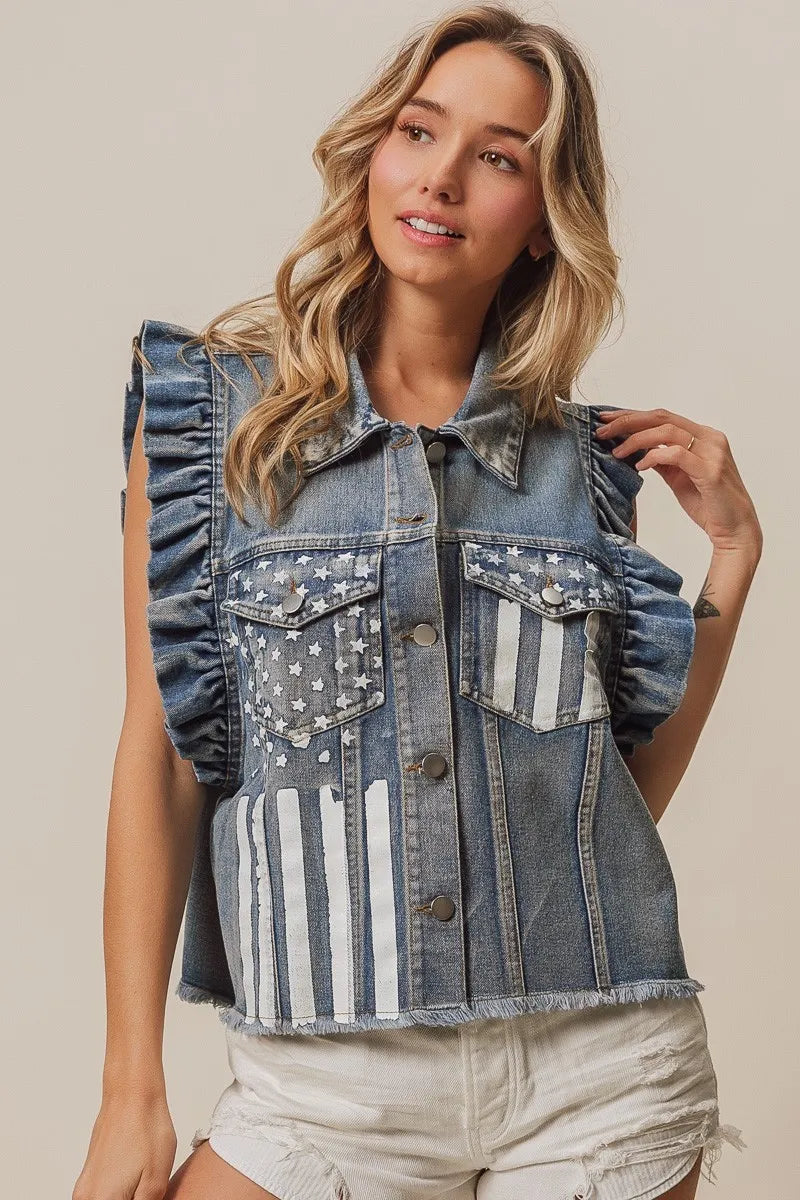 BiBi Denim Jacket American Flag Pockets Washed Ruffled Sleeves e3258802-fe21-44ac-81b0-a2789bd8c078-Max Trendsi