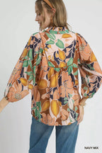 Umgee Women's Blouse Floral Navy Mix Multicolor Abstract Print Ruffle Neck Top e3426949-d987-4bd3-94ff-f24f418b348a-Max-Origin Trendsi