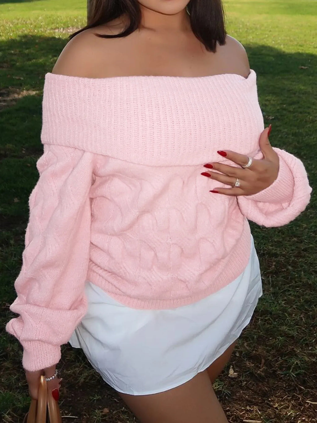 Women's Sweater Off-Shoulder Cable Knit Long Sleeve Pullover e346f4b29f694f04817e74df61f4d04b-Max-Origin Trendsi