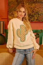BiBi Womens Sweatshirt Cactus Embroidered Cream Fleece Pullover e349dafd9540487baf167c24d60b122f-Max-Origin Trendsi