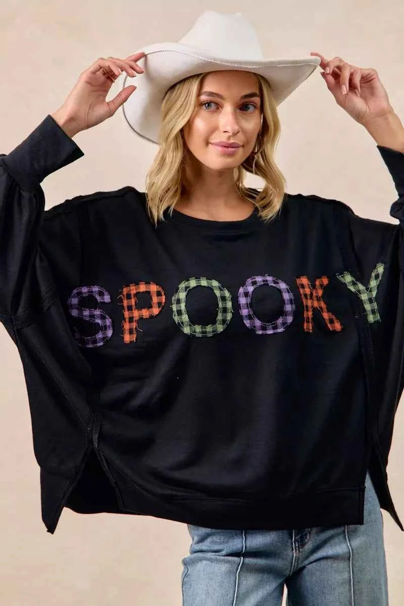 BiBi Women Sweatshirt Oversized Black Spook Plaid Letter Print Long Sleeve Top e34cfcafa9ee4f43a42ad227a45f79da-Max-Origin Trendsi