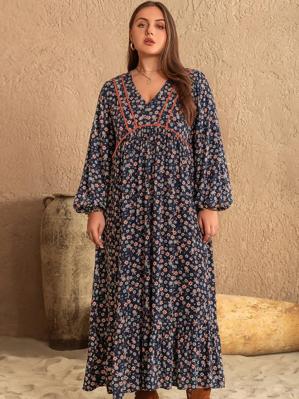 Plus Size Printed V-Neck Dress with Balloon Sleeves