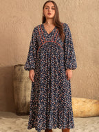 Plus Size Printed V-Neck Dress with Balloon Sleeves