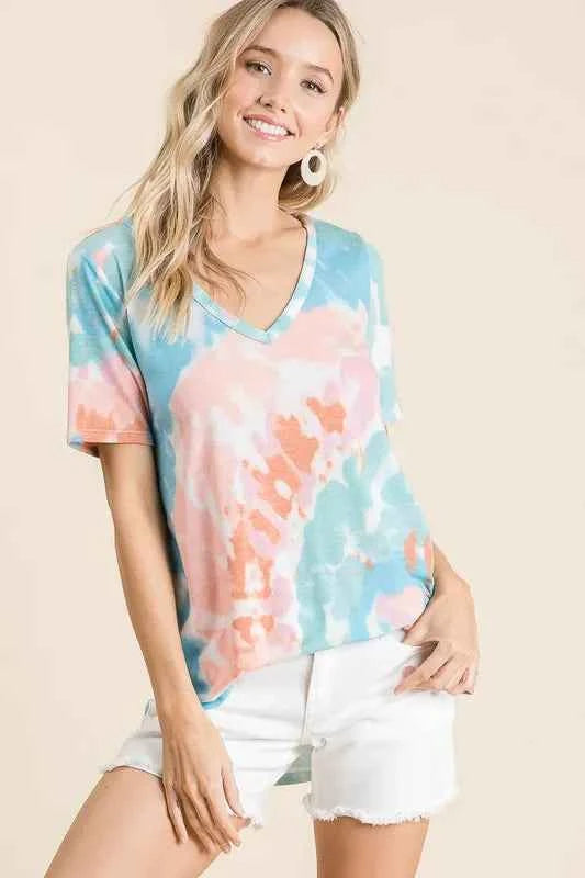BiBi T-shirt Tie Dye Print Pink Mint Circular V Neck Top Short Sleeve PINK MINT e350457be76744a4962840f68f63e5b5-Max-Origin Trendsi
