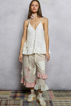 POL Cami Top Button Front V-Neck Ruffled with Pintuck Accents Off White