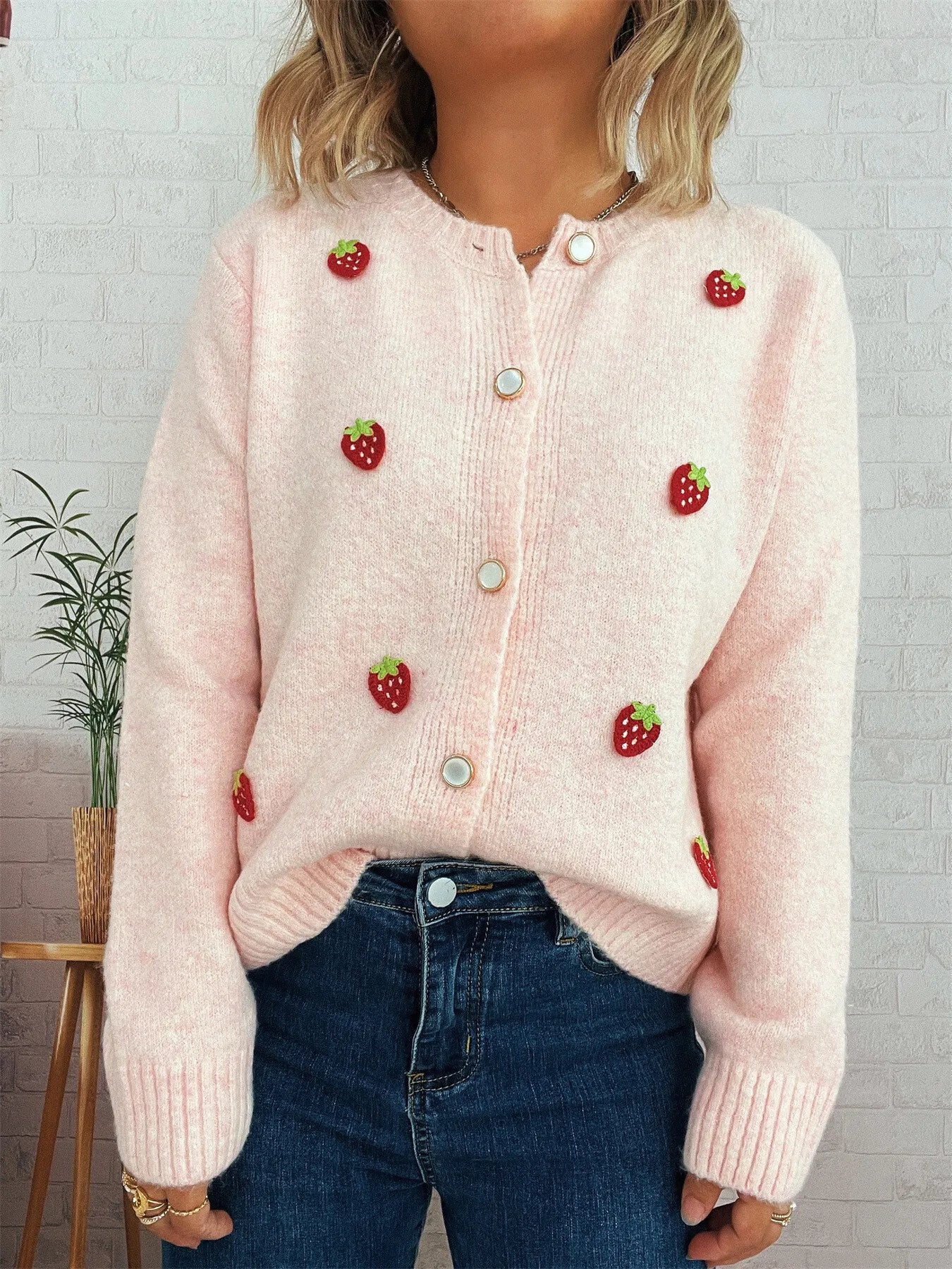 Women's Cardigan Strawberry Button Up Long Sleeve Soft Knit e35ae89d360842bba0b47d0b3ddc2bf1-Max-Origin Trendsi