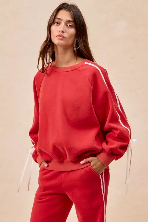 BiBi Womens Fleece Sweatshirt Red Side Lined Bow Details Top e366bae051f24d27907711eab07f67f1-Max-Origin Trendsi