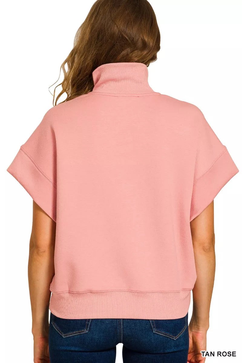 Zenana Sweatshirt Rose Scuba High Neck Half Zip Short Sleeve Top Plus Sizes
