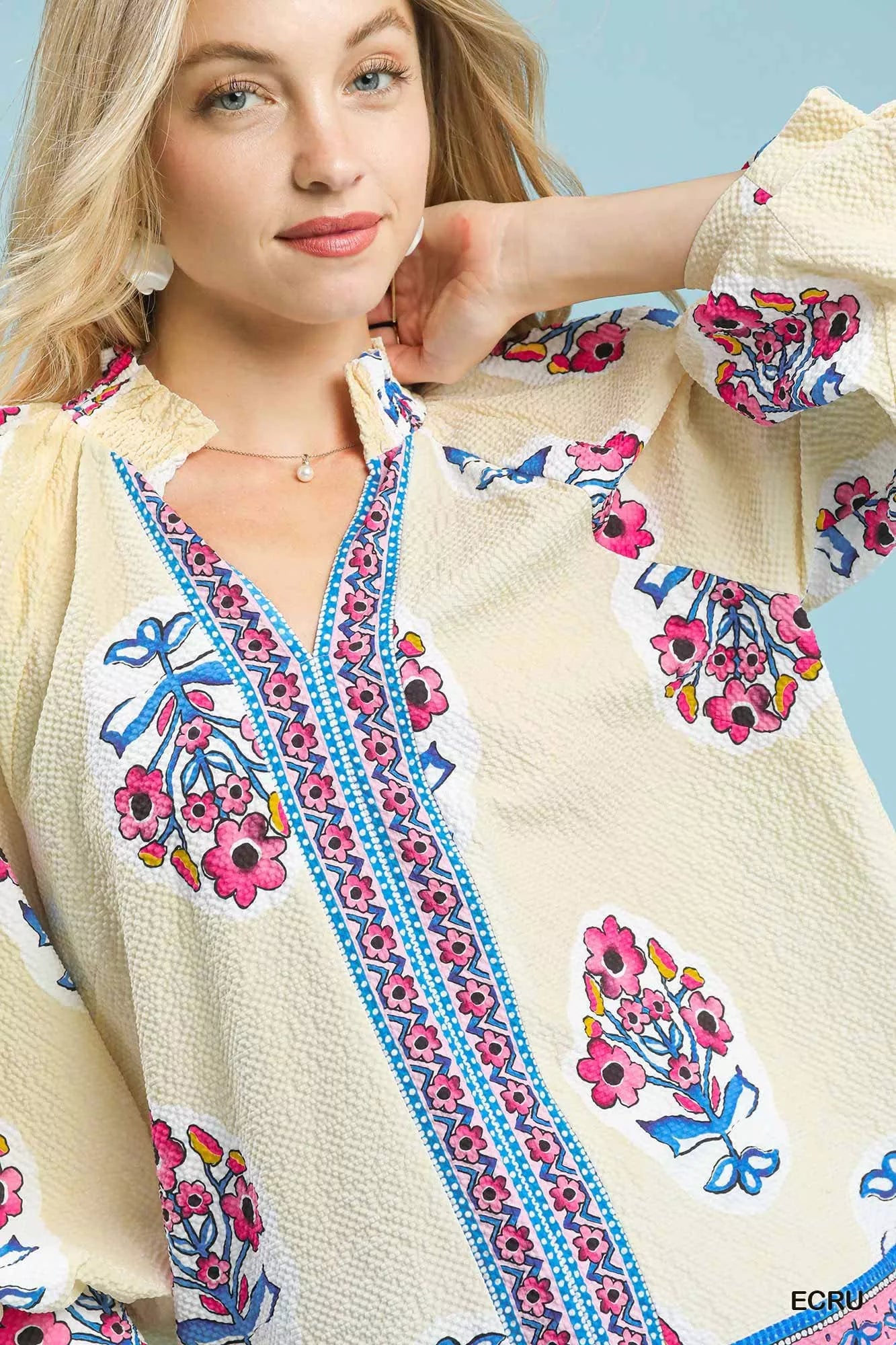 Umgee Tunic Blouse Ecru Boho Floral Print Womens Long Sleeve Top e36decca-5902-4993-937c-6da8e84d0070-Max-Origin Trendsi