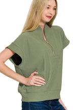 Zenana Top Ribbed High Neck Half Zip Light Olive Short Sleeve e36fd256-ec66-4f1d-bfe4-8b87f6552033-Max-Origin Trendsi