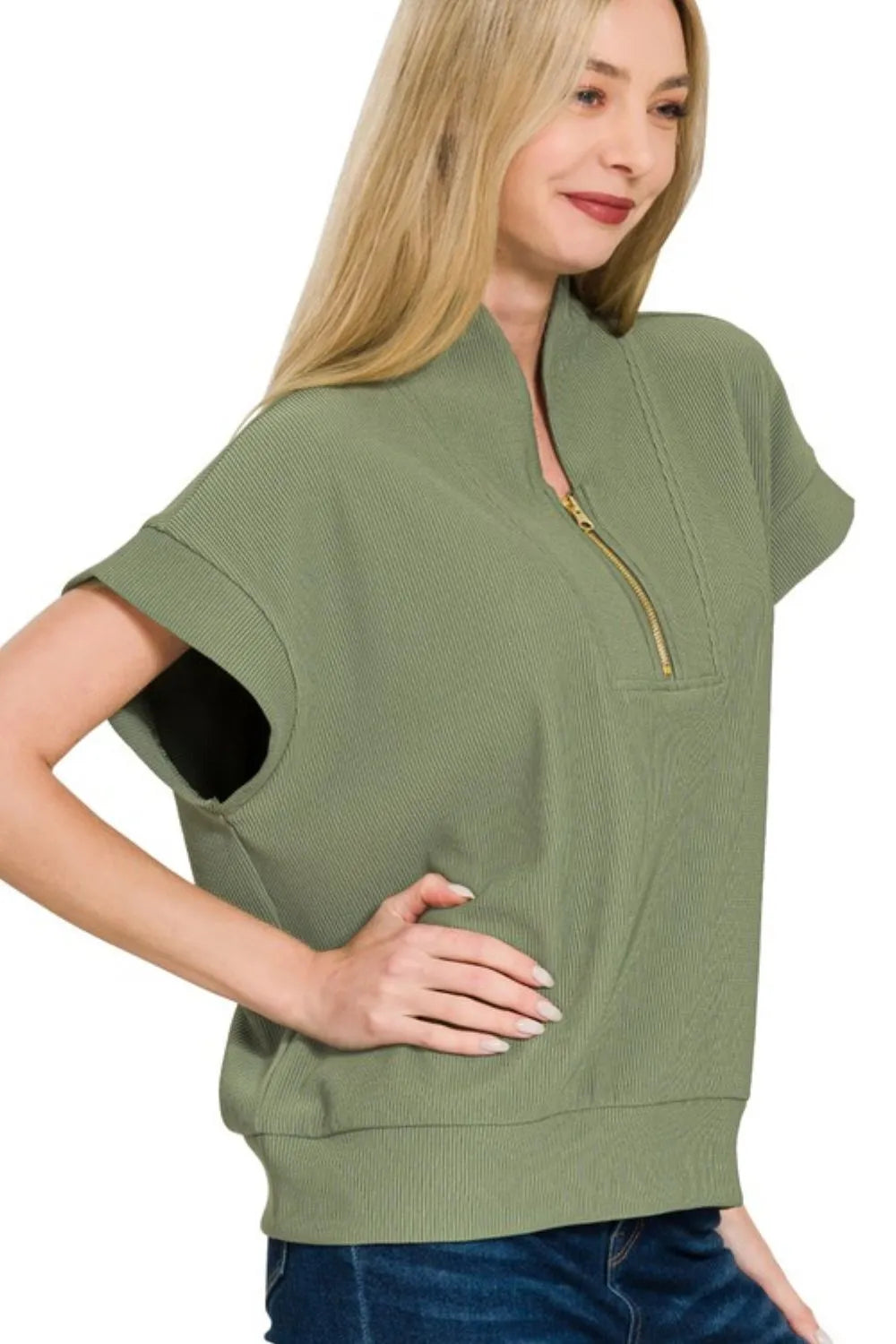 Zenana Top Ribbed High Neck Half Zip Light Olive Short Sleeve e36fd256-ec66-4f1d-bfe4-8b87f6552033-Max-Origin Trendsi