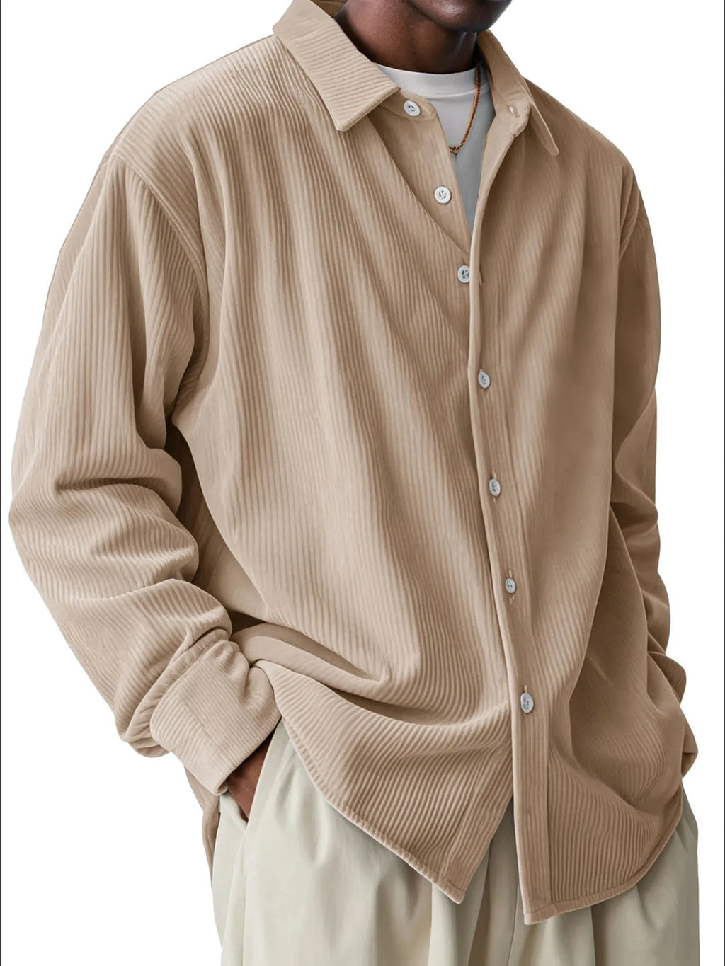 Men's Corduroy Shirt Textured Buttoned Long Sleeve Ribbed Oversized Top S-4XL Khaki e37448b6-7645-45db-b17a-f316b9b42db7-Max-Origin Trendsi