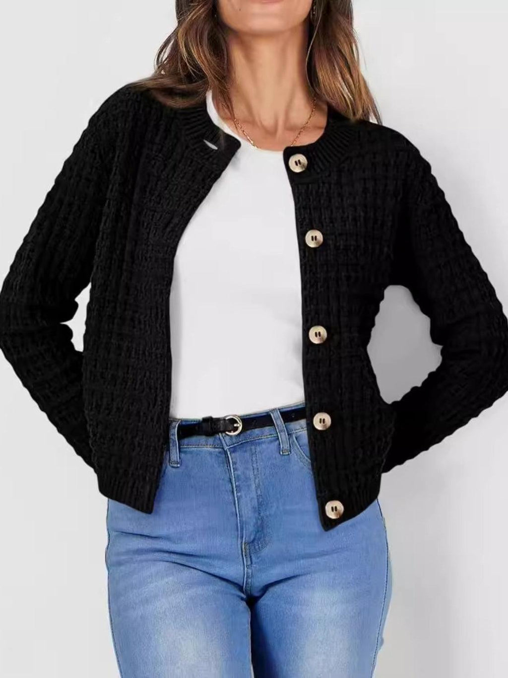 Button Up Cardigan Textured Round Neck Long Sleeve Single Breasted Black e3758850-e898-4081-acd7-556a8e531f71-Max Trendsi