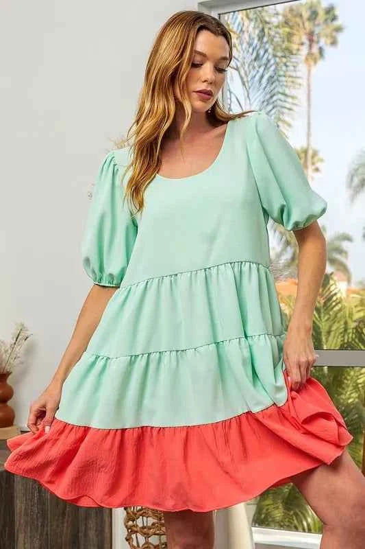 BiBi Two-Tone Balloon Sleeves U Neck Tiered Ruffle Hem Mini Dress