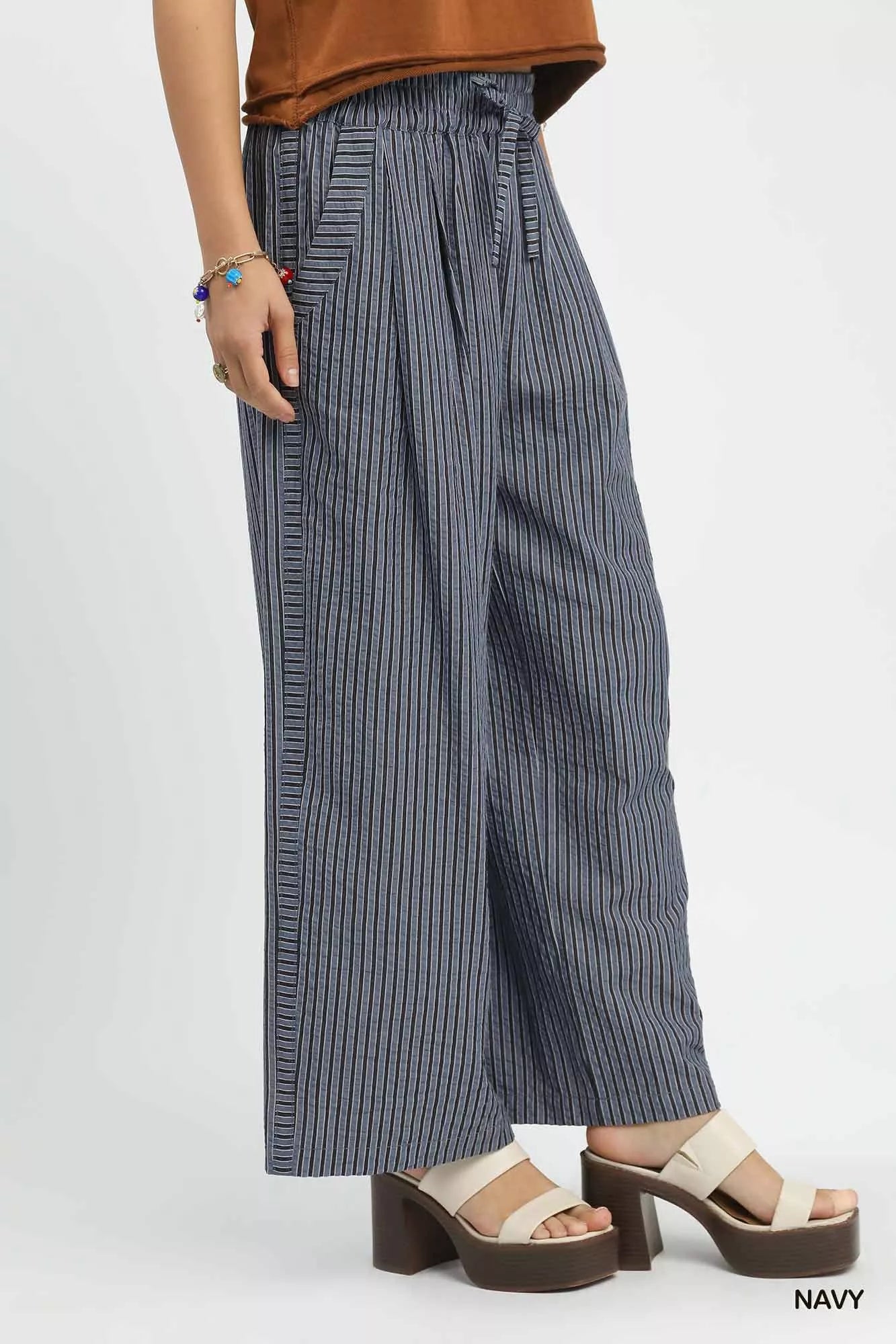 Umgee Wide-Leg Pants Navy Blue Striped Drawstring Trousers with Pockets e37e9ccd-a4dc-410a-a5e0-906a475f3cd0-Max-Origin Trendsi