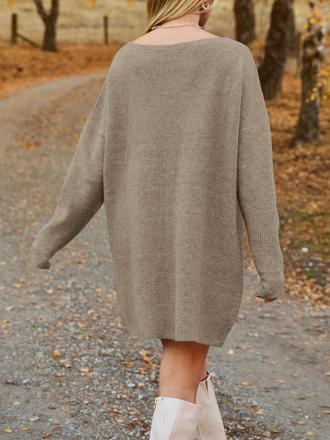 V-Neck Sweater Knit Dress Oversized Dropped Shoulder Sweater Dress e38bf7a5-537c-469c-aabd-ee0d936c5cdf-Max Trendsi