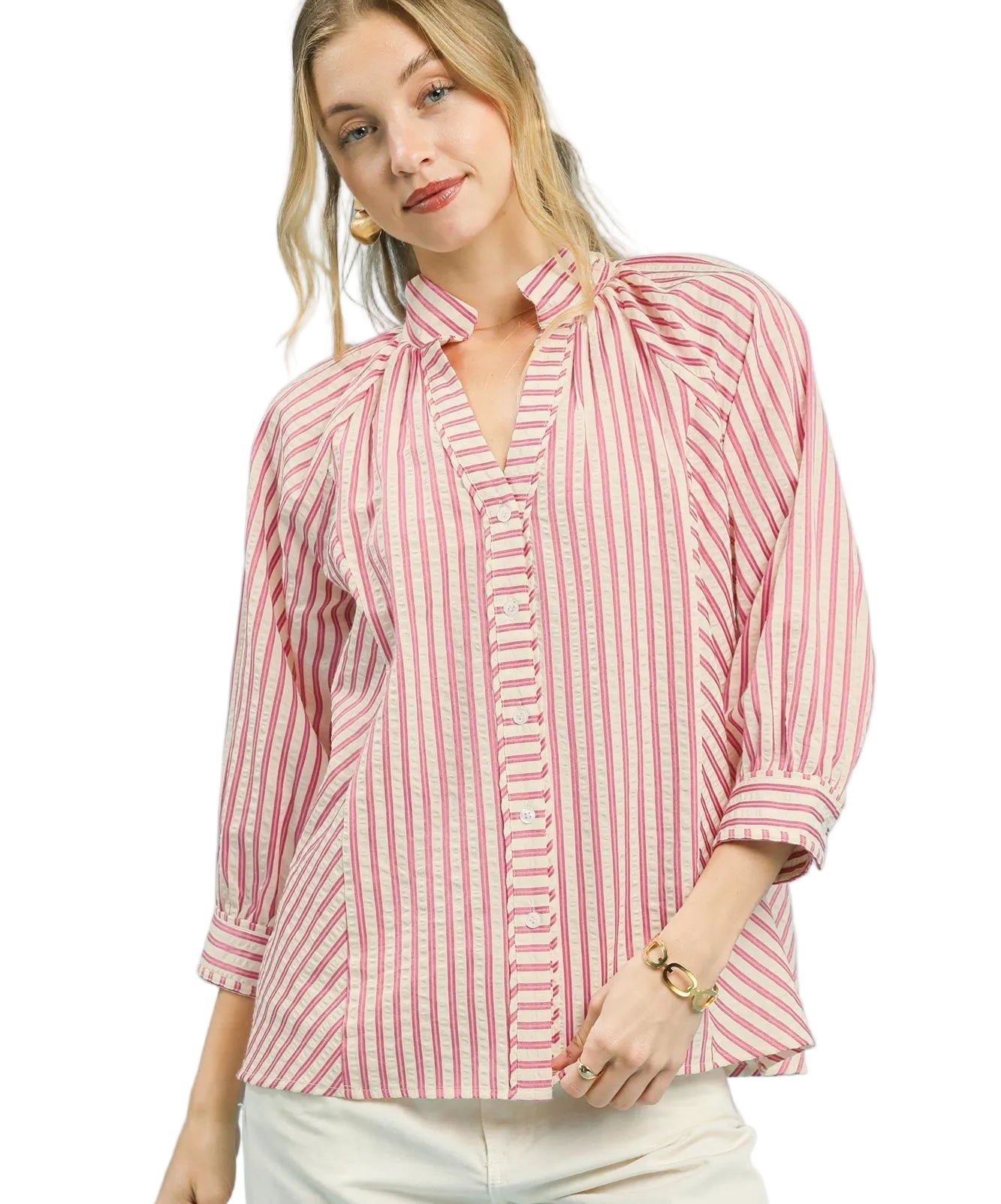 Umgee Striped V-Neck Button Down Top