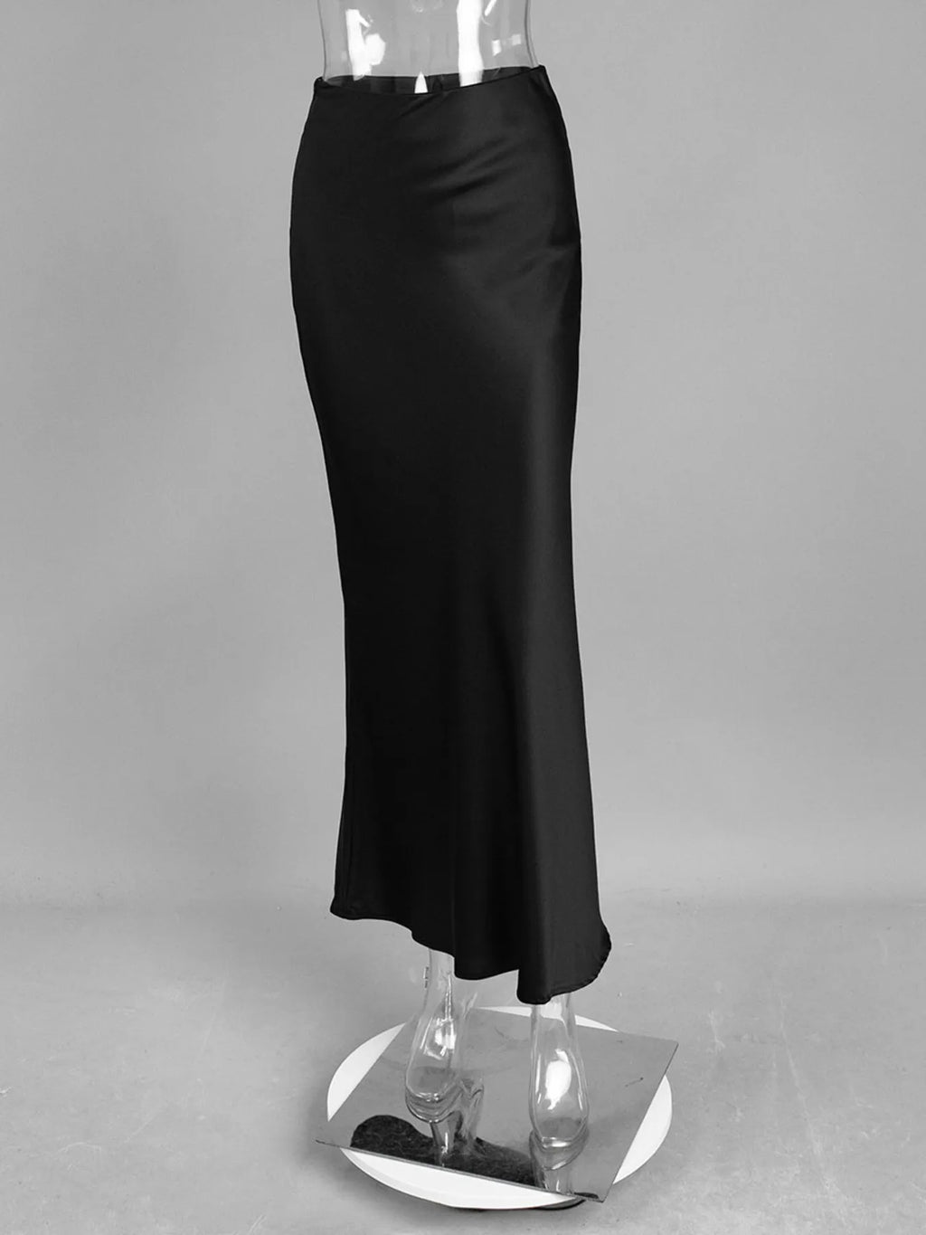 Satin Maxi Skirt High-Waisted Back Zip Black White Solid Basic Style e393accc2d8e46a294cd6738265a105c-Max-Origin Trendsi