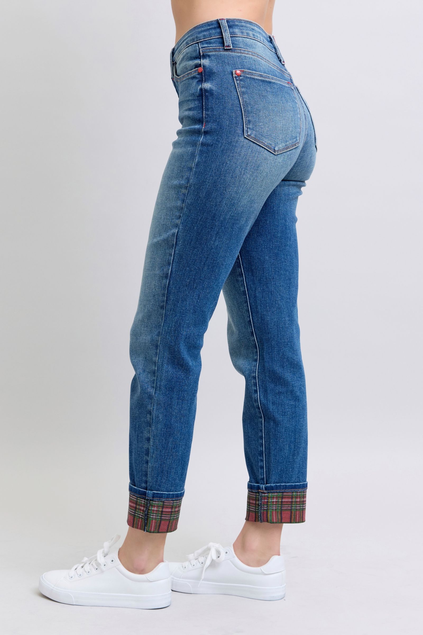 Judy Blue Women Jeans Plaid Print Cuff Straight Leg Blue Pants with Pockets e39d6b4d-6af6-417d-97a3-4b5ec96e8f14-Max Trendsi