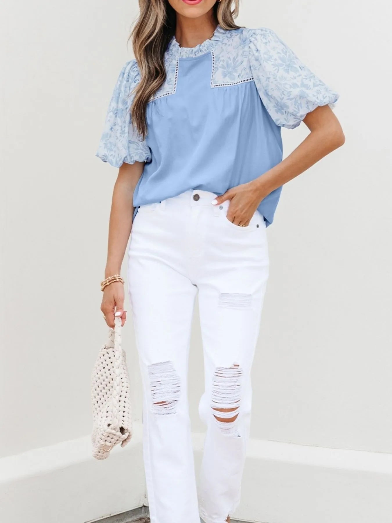 Women's Blouse Light Blue Lace Insert Floral Puff Sleeve Patchwork Loose Top e3a09ed2-663f-4580-add5-bc5159eaa351-Max-Origin Trendsi